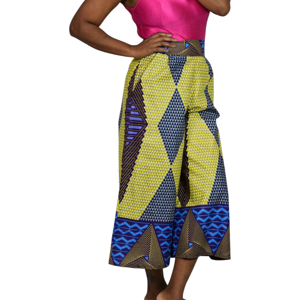 Grass Fields Ankara Wide Leg Crop Pants Yellow Gaucho African Print Small Medium - Picture 13 of 15